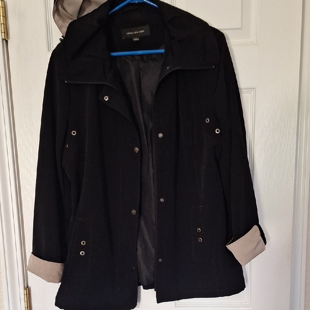 Jones New York Black Utility Jacket with Beige Cuff Detail And Removable Hood